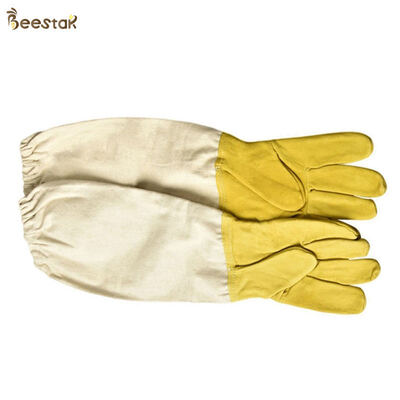 kaufen Economic Sheepskin Beekeeping Gloves with Leather and Canvas in Yellow and White for Bee Protection on-line-Fertigung