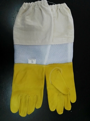 kaufen Gelbe Schaffell-Handschuhe für Imkerei mit Weiß gelüftetem Handgelenk-weißem Stoff-Ärmel on-line-Fertigung