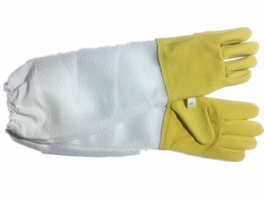 Dauerhafte gelbe Schaffell-Imkereihandschuhe mit weißem weichem gelüftetem Teil, weiße elastische Stulpe